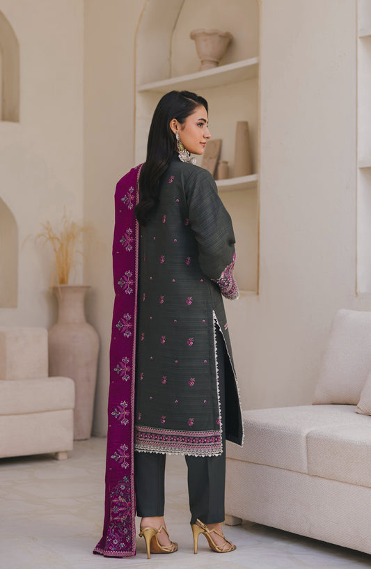 Afsana by Peridot Embroidered Dhanak Wool Unstitched 3 Piece Suit - 487-B - PT25AF - Grey - Winter Collection