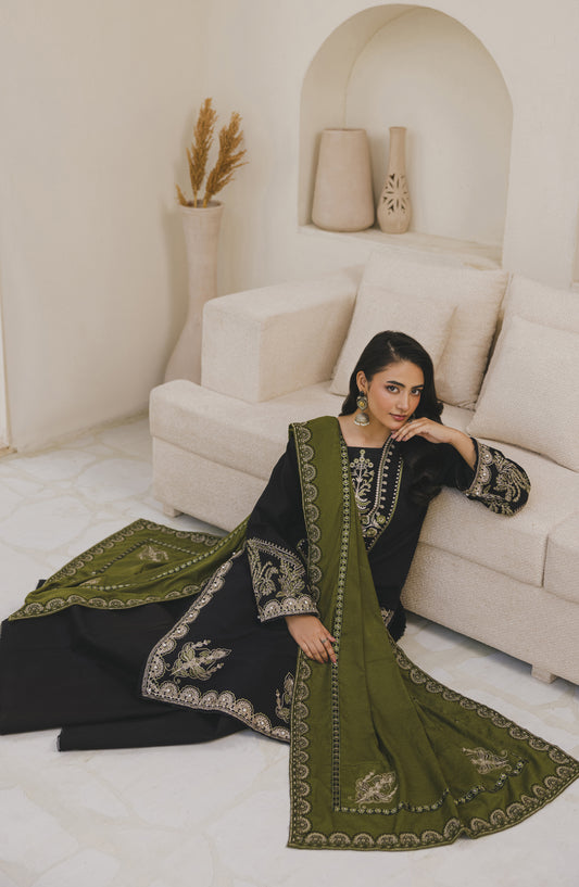 Afsana by Peridot Embroidered Khaddar Unstitched 3 Piece Suit - 485-B - PT25AF - Black - Winter Collection