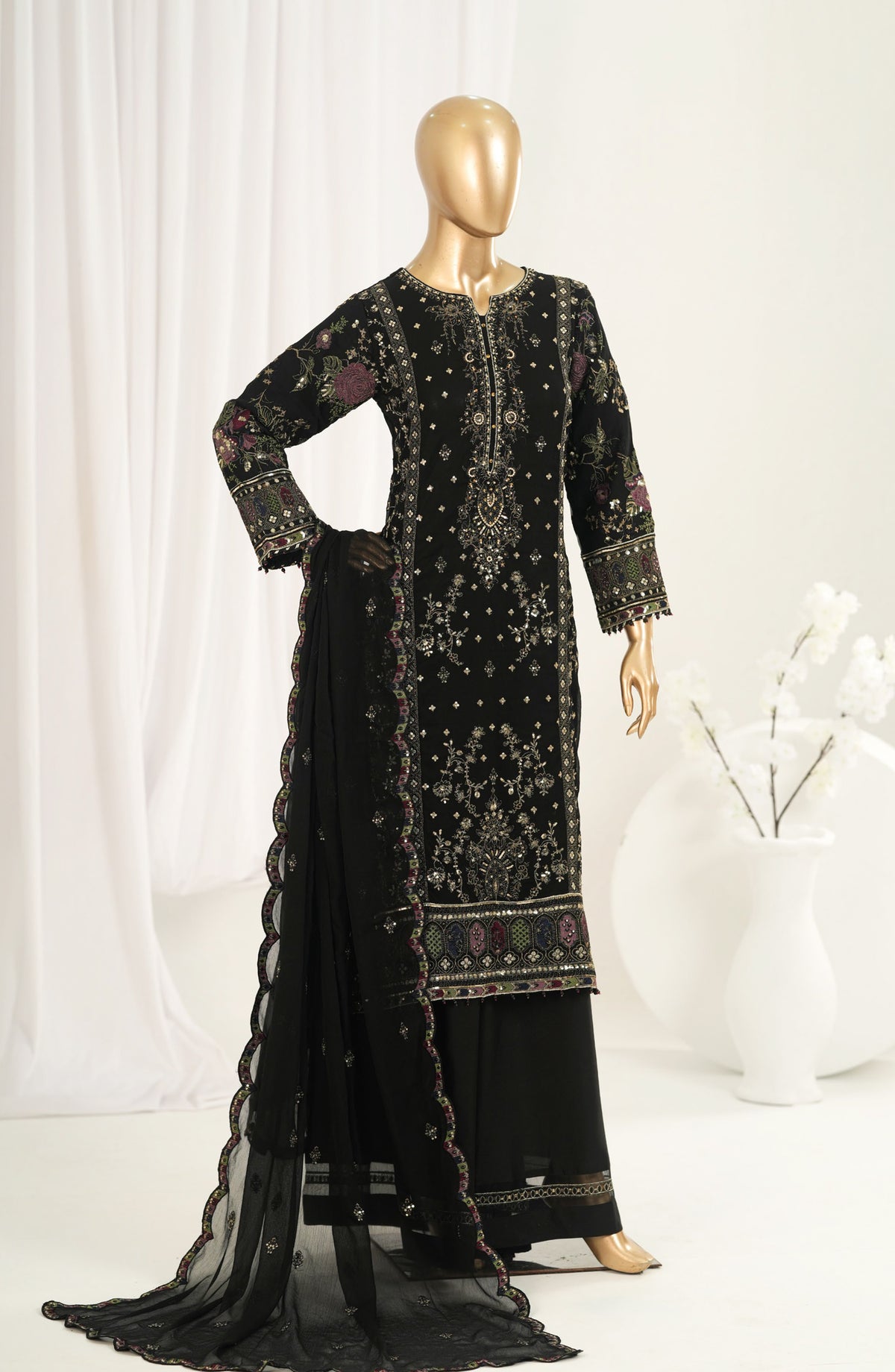 Afsanay by Sadabahar Embroidered Chiffon Stitched 3 Piece Suit - CF-13 - SBD26SFN - Black - Luxury Collection