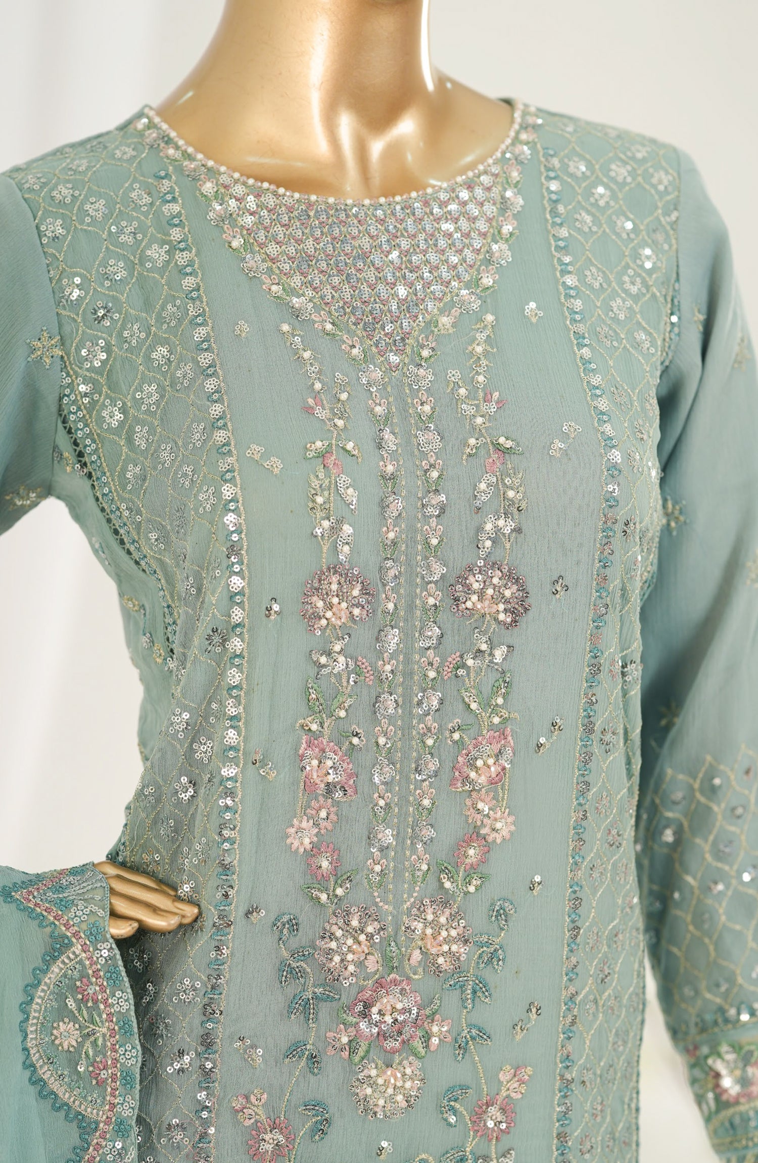 Afsanay by Sadabahar Embroidered Chiffon Stitched 3 Piece Suit - CF-14 - SBD26SFN - Blue - Luxury Collection