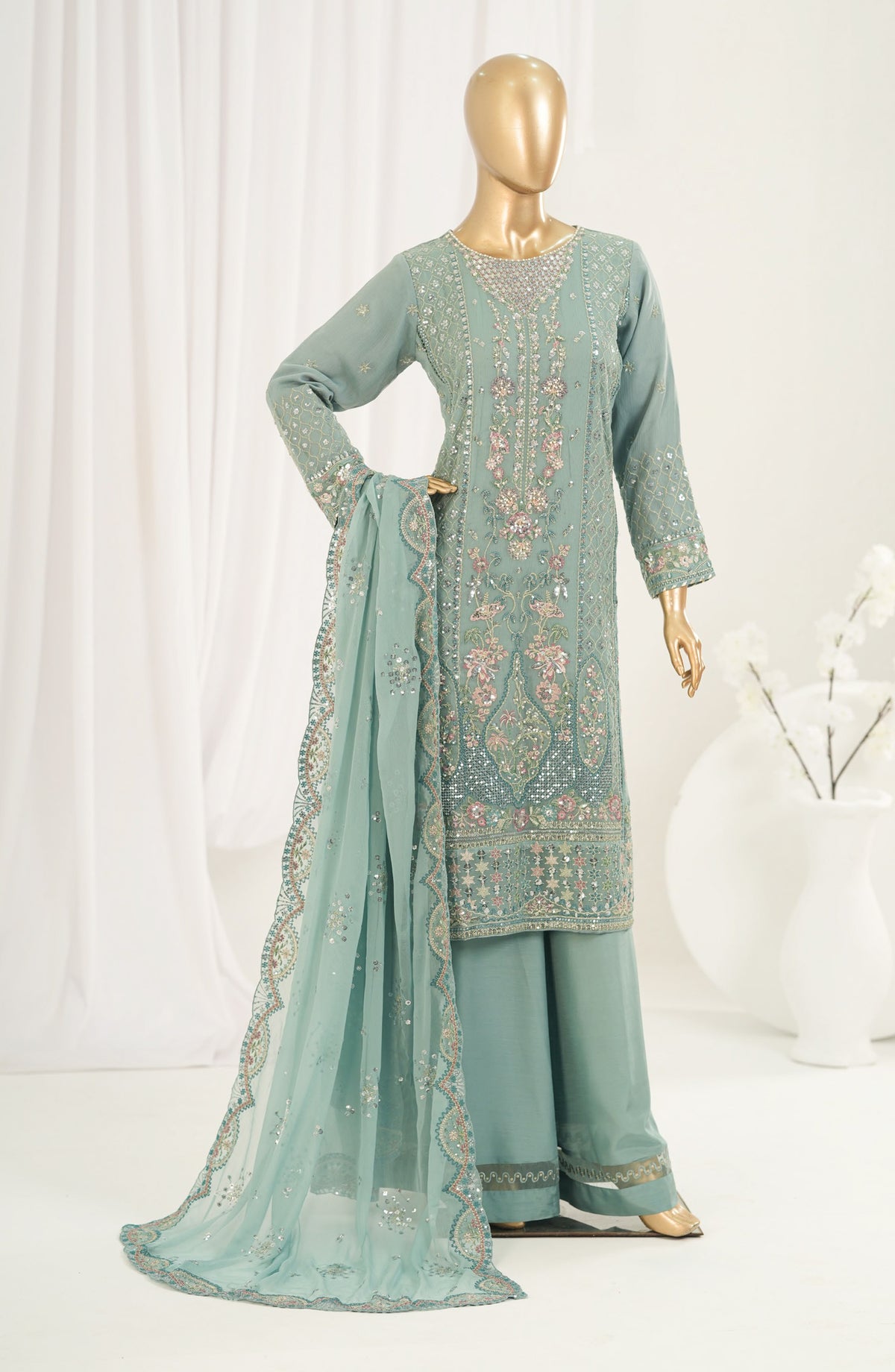Afsanay by Sadabahar Embroidered Chiffon Stitched 3 Piece Suit - CF-14 - SBD26SFN - Blue - Luxury Collection