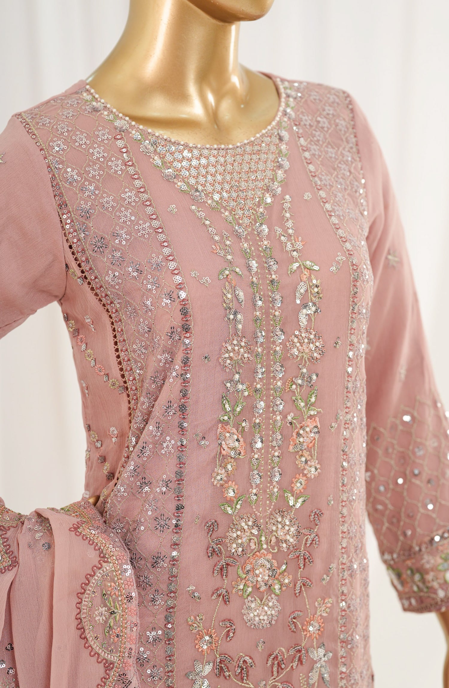 Afsanay by Sadabahar Embroidered Chiffon Stitched 3 Piece Suit - CF-14 - SBD26SFN - Pink - Luxury Collection