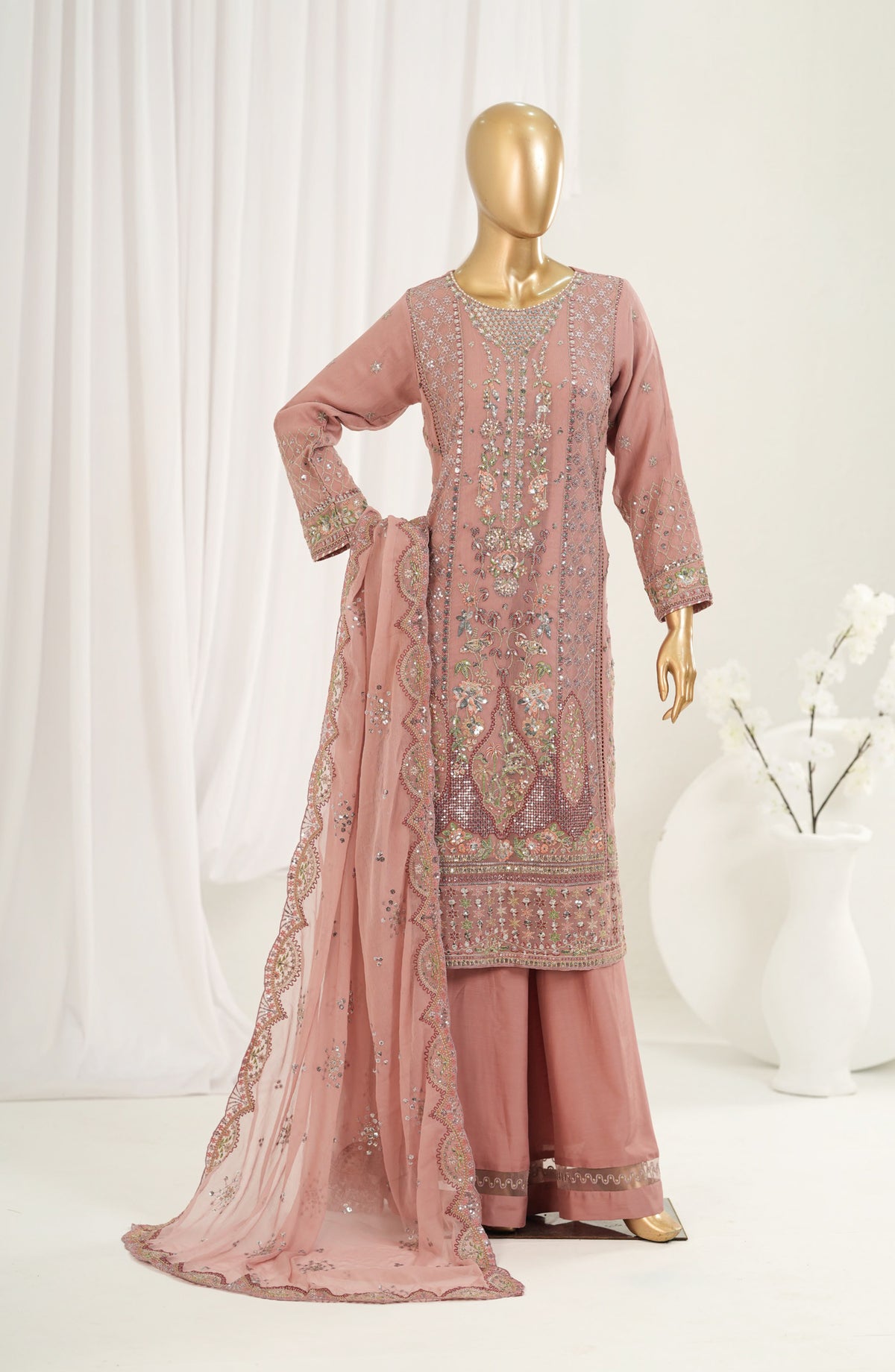 Afsanay by Sadabahar Embroidered Chiffon Stitched 3 Piece Suit - CF-14 - SBD26SFN - Pink - Luxury Collection