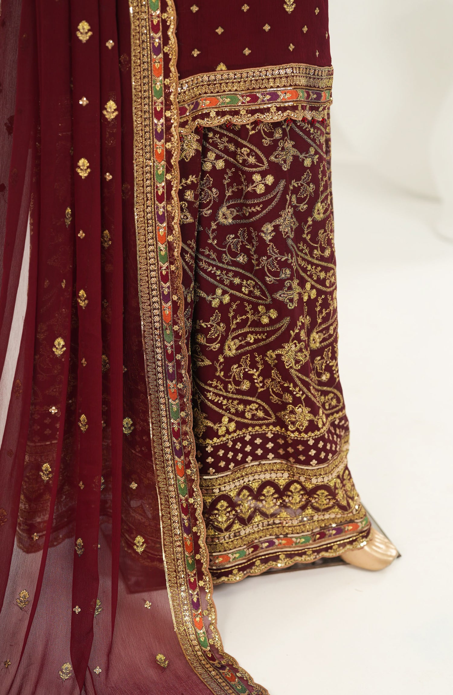 Afsanay by Sadabahar Embroidered Chiffon Stitched 3 Piece Suit - CR-34 - SBD26SFN - Maroon - Luxury Collection
