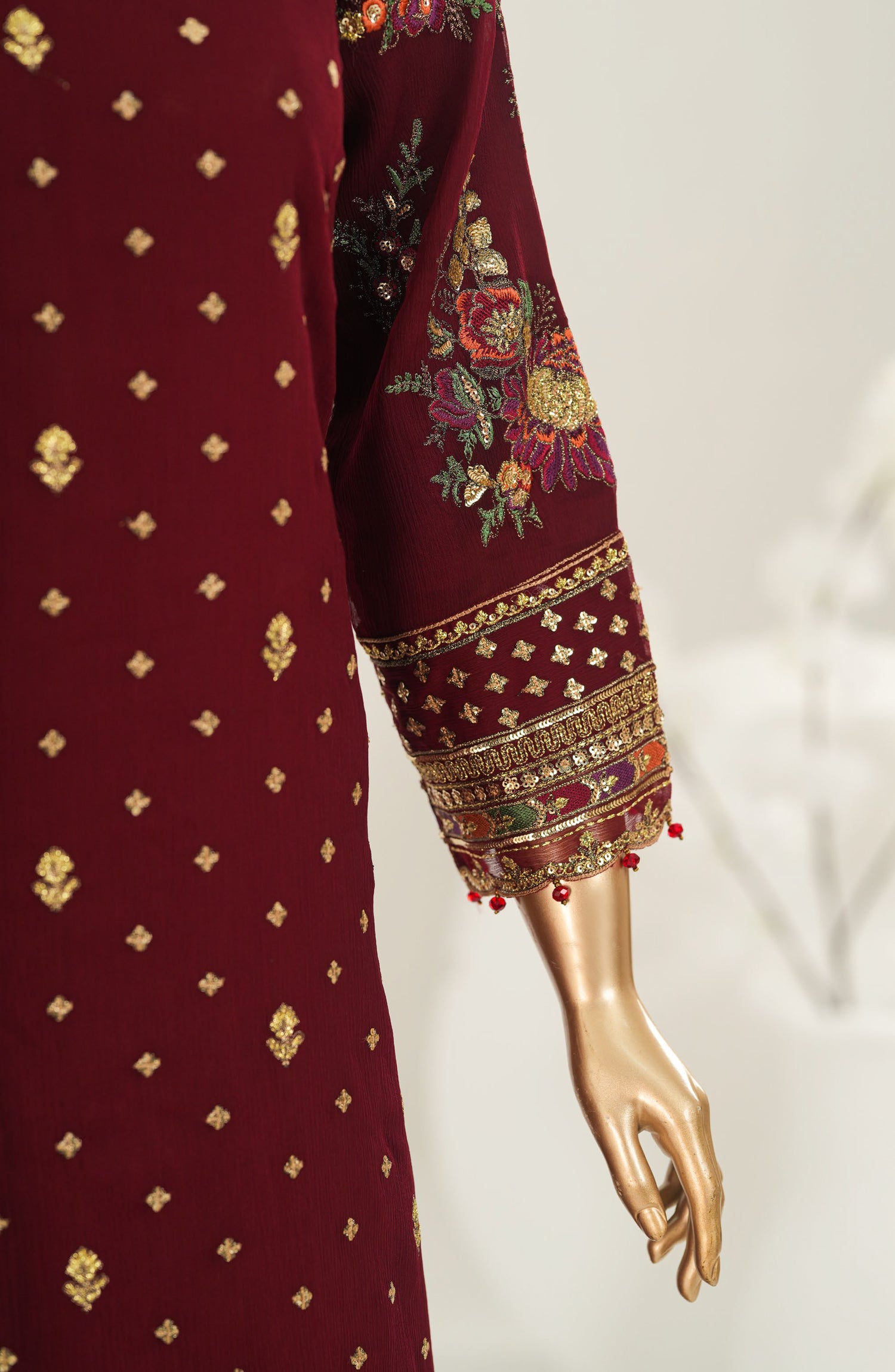 Afsanay by Sadabahar Embroidered Chiffon Stitched 3 Piece Suit - CR-34 - SBD26SFN - Maroon - Luxury Collection