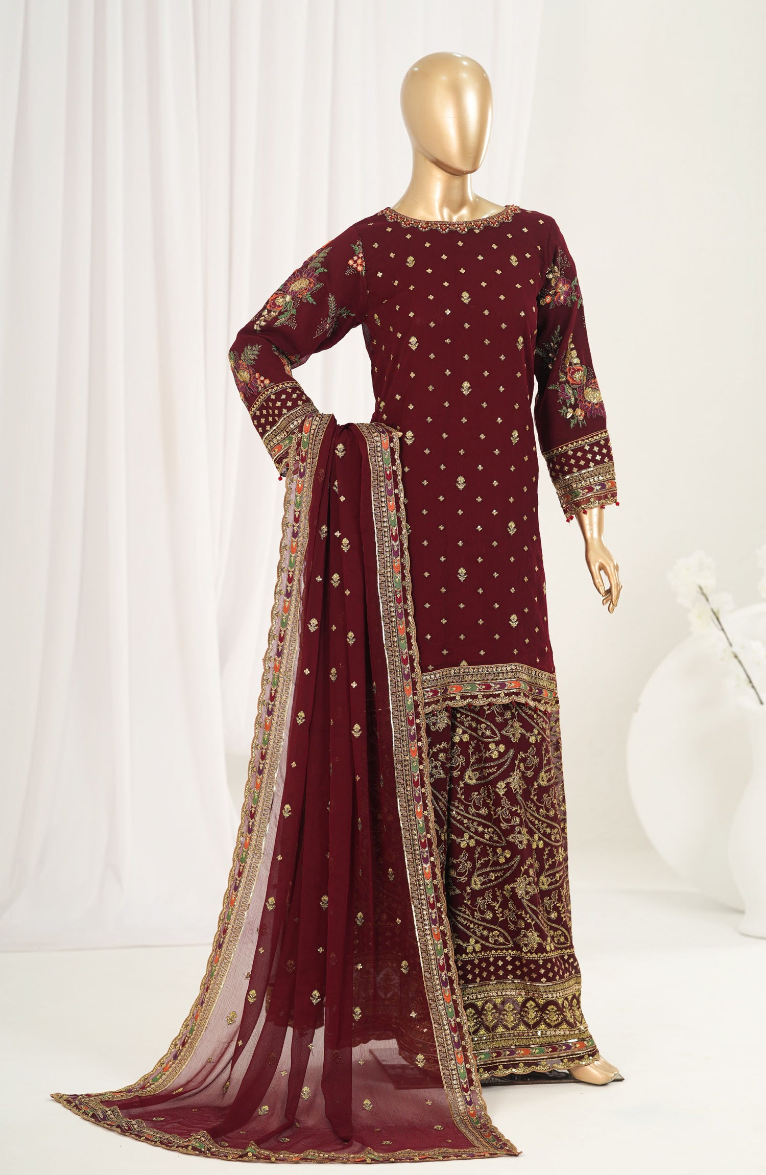 Afsanay by Sadabahar Embroidered Chiffon Stitched 3 Piece Suit - CR-34 - SBD26SFN - Maroon - Luxury Collection