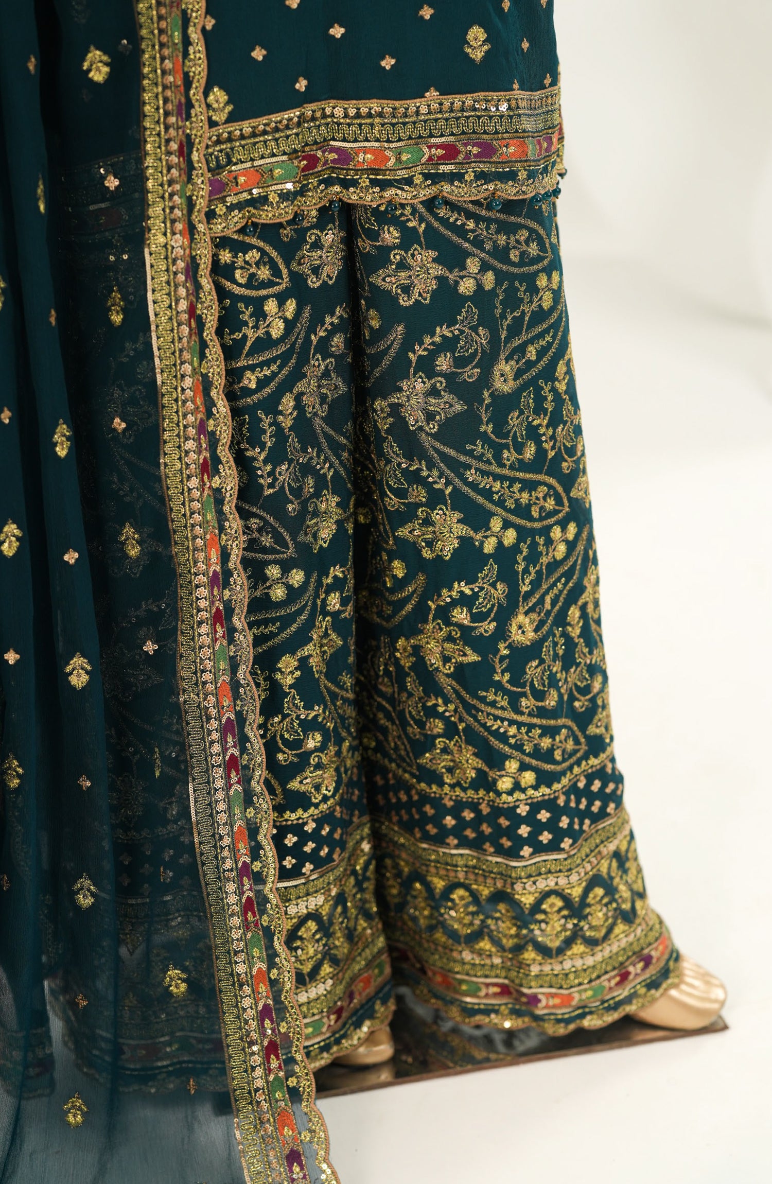 Afsanay by Sadabahar Embroidered Chiffon Stitched 3 Piece Suit - CR-34 - SBD26SFN - Teal - Luxury Collection