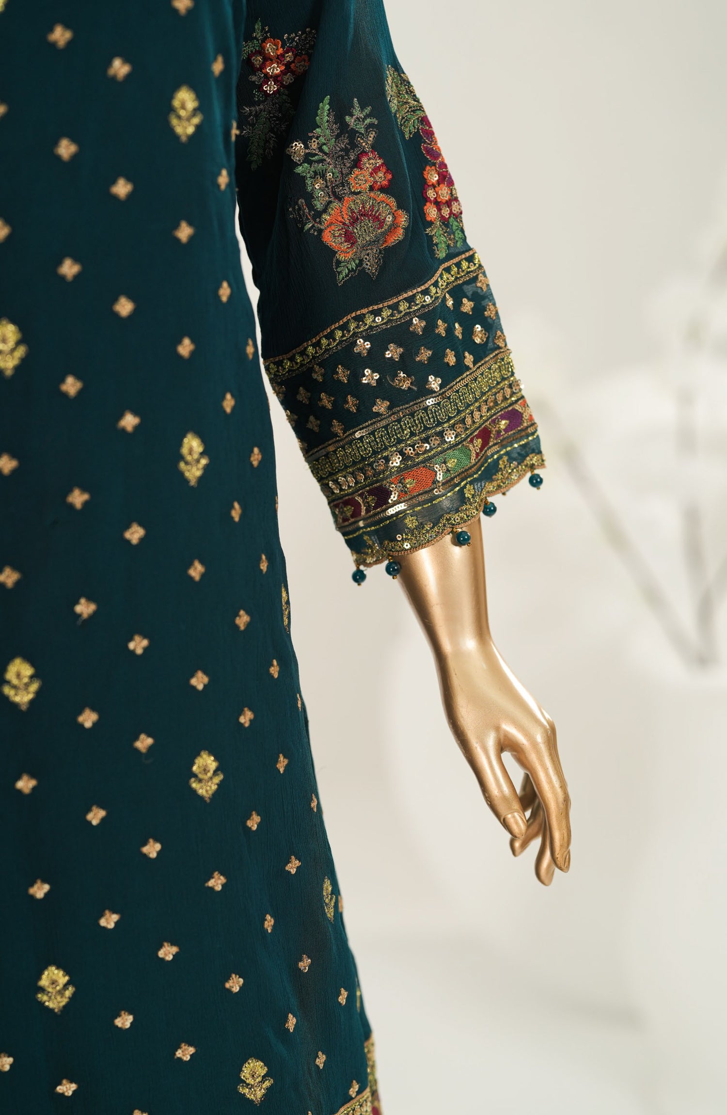 Afsanay by Sadabahar Embroidered Chiffon Stitched 3 Piece Suit - CR-34 - SBD26SFN - Teal - Luxury Collection