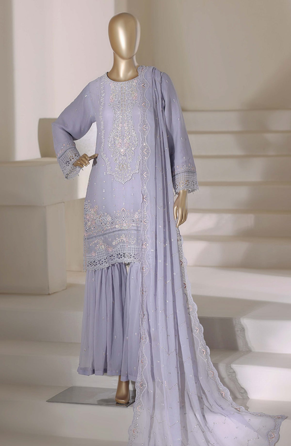 Afsanay by Sadabahar Embroidered Chiffon Stitched 3 Piece Suit - CR-32 - SBD26AFY - Blue - Luxury Collection