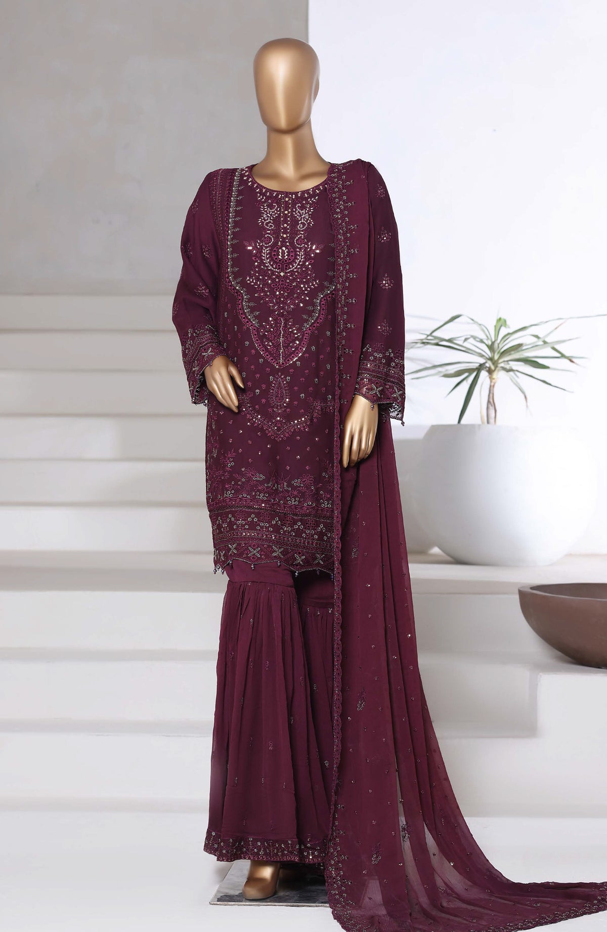 Afsanay by Sadabahar Embroidered Chiffon Stitched 3 Piece Suit - Design-03 - SBD25AFSN - Maroon - Luxury Collection