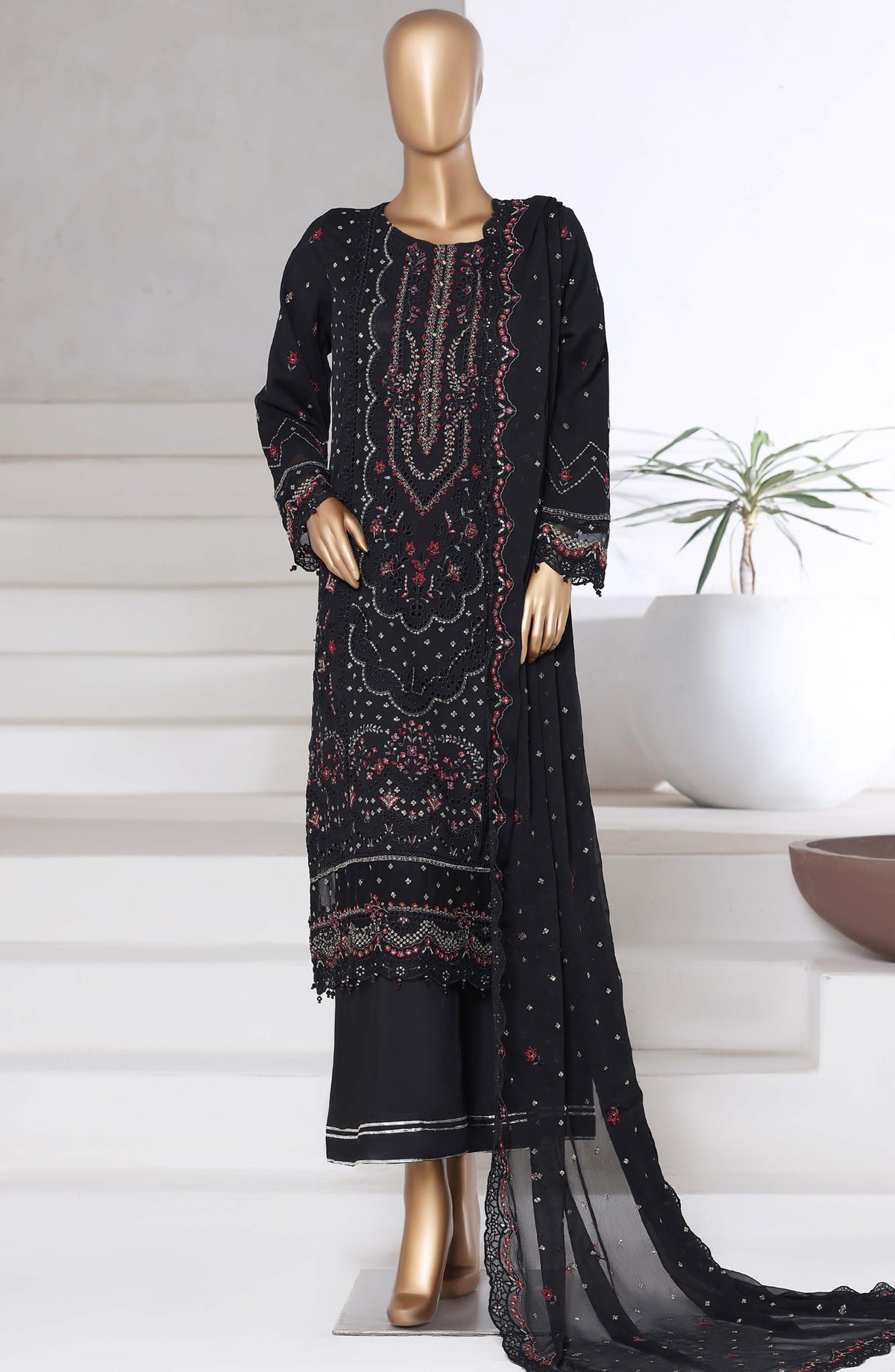 Afsanay by Sadabahar Embroidered Chiffon Stitched 3 Piece Suit - Design-02 - SBD25AFSN - Black - Luxury Collection