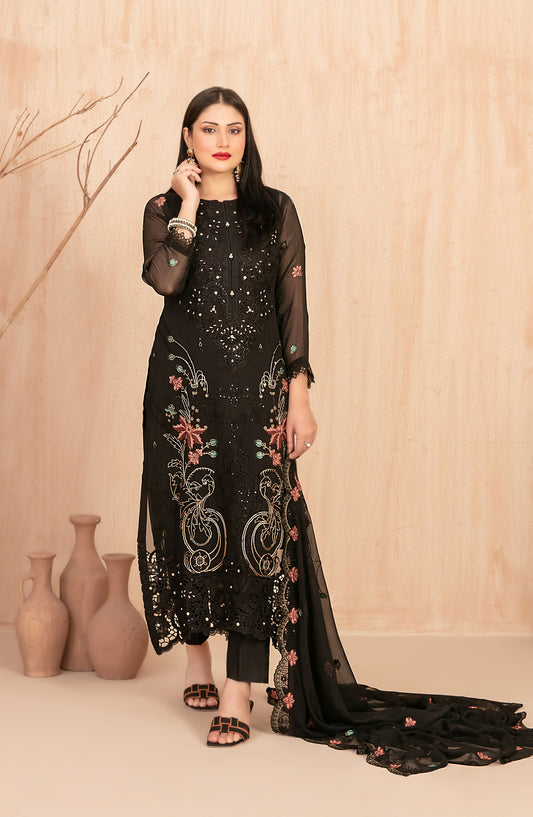 Afsanay by Tawakkal Fabrics Fancy Embroidered Chiffon Unstitched 3 Piece Suit - D-4920 - TF25AFSN - Black - Formals Collection