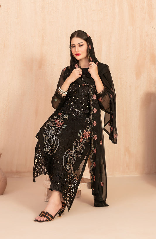 Afsanay by Tawakkal Fabrics Fancy Embroidered Chiffon Unstitched 3 Piece Suit - D-4920 - TF25AFSN - Black - Formals Collection
