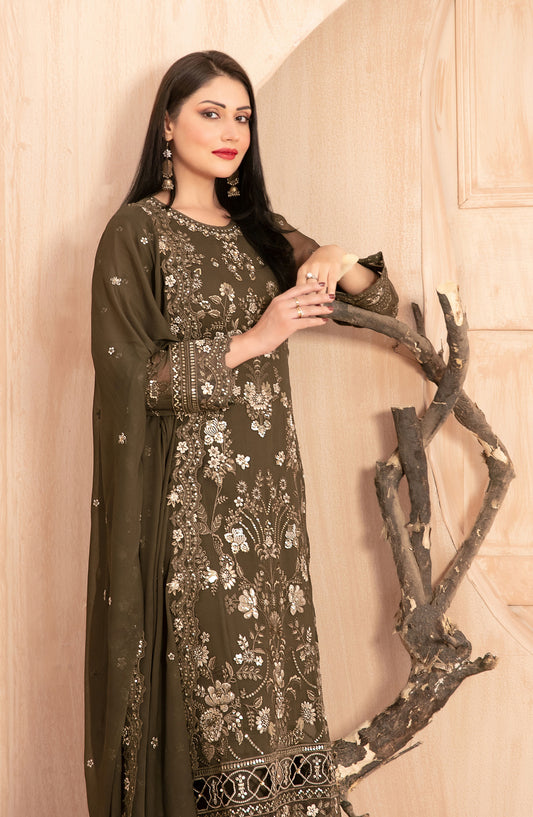 Afsanay by Tawakkal Fabrics Fancy Embroidered Chiffon Unstitched 3 Piece Suit - D-4911 - TF25AFSN - Olive - Formals Collection
