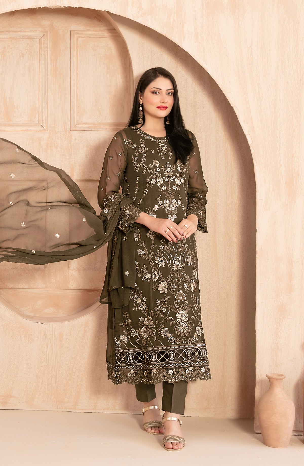 Afsanay by Tawakkal Fabrics Fancy Embroidered Chiffon Unstitched 3 Piece Suit - D-4911 - TF25AFSN - Olive - Formals Collection