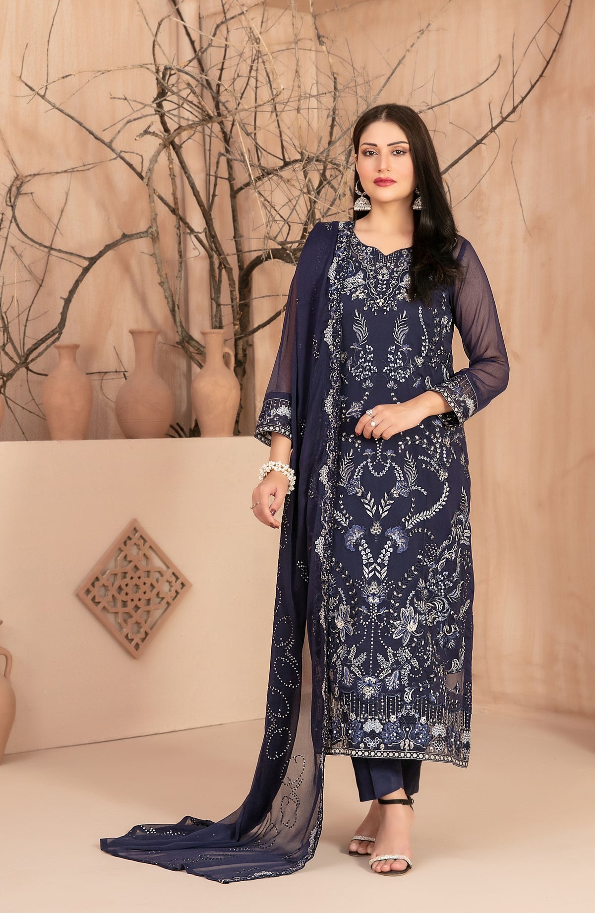 Afsanay by Tawakkal Fabrics Fancy Embroidered Chiffon Unstitched 3 Piece Suit - D-4910 - TF25AFSN - Blue - Formals Collection