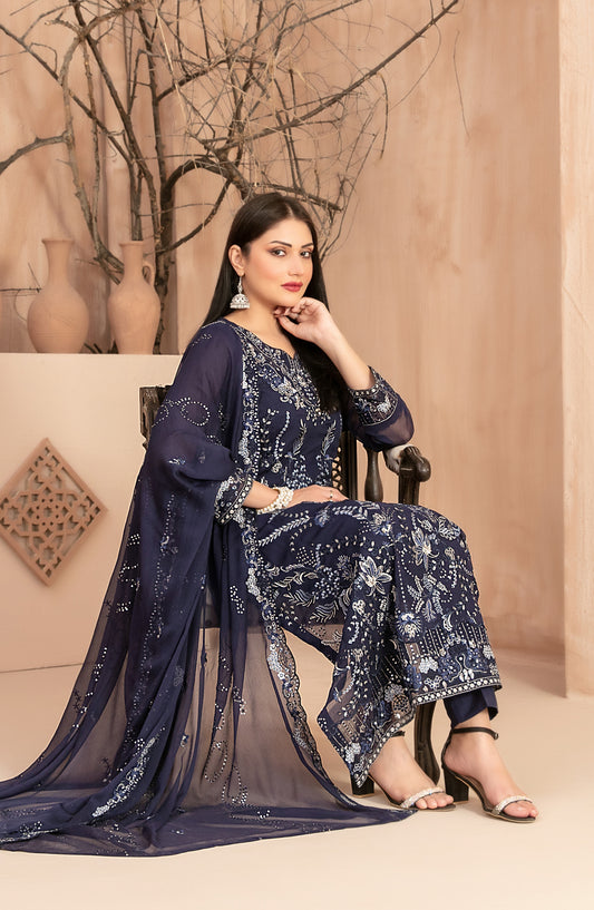 Afsanay by Tawakkal Fabrics Fancy Embroidered Chiffon Unstitched 3 Piece Suit - D-4910 - TF25AFSN - Blue - Formals Collection