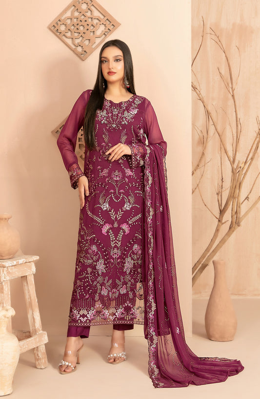 Afsanay by Tawakkal Fabrics Fancy Embroidered Chiffon Unstitched 3 Piece Suit - D-4909 - TF25AFSN - Purple - Formals Collection