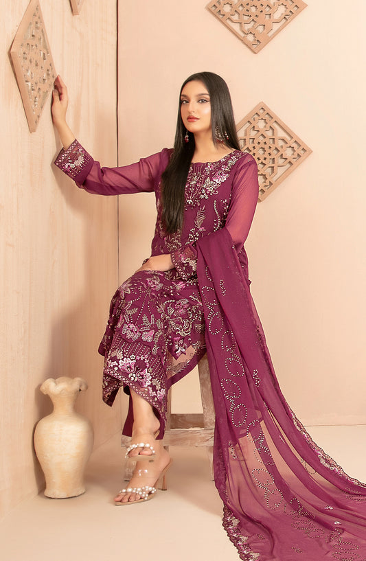 Afsanay by Tawakkal Fabrics Fancy Embroidered Chiffon Unstitched 3 Piece Suit - D-4909 - TF25AFSN - Purple - Formals Collection