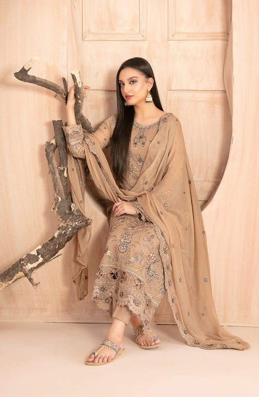 Afsanay by Tawakkal Fabrics Fancy Embroidered Chiffon Unstitched 3 Piece Suit - D-4908 - TF25AFSN - Beige - Formals Collection