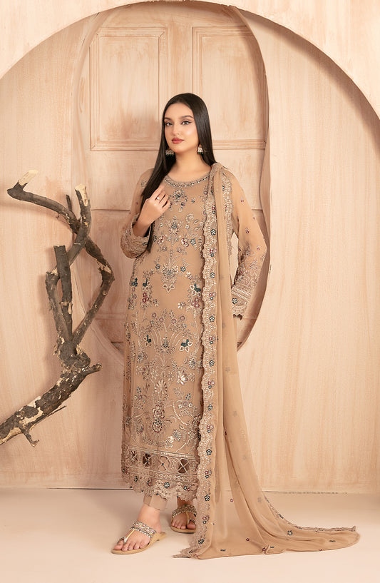 Afsanay by Tawakkal Fabrics Fancy Embroidered Chiffon Unstitched 3 Piece Suit - D-4908 - TF25AFSN - Beige - Formals Collection