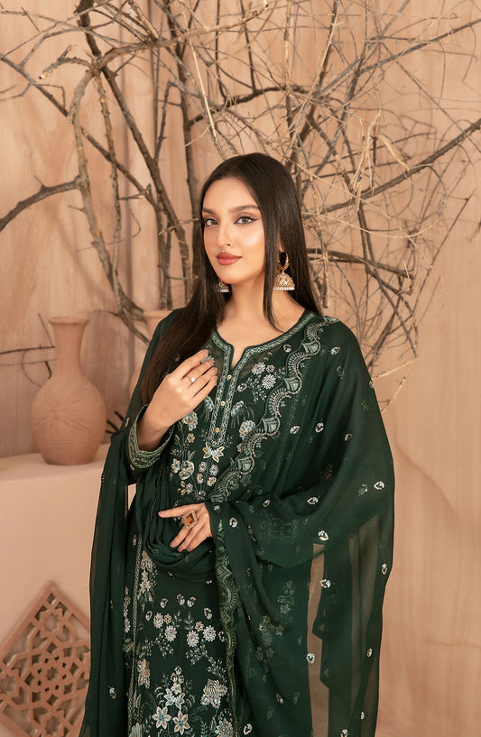 Afsanay by Tawakkal Fabrics Fancy Embroidered Chiffon Unstitched 3 Piece Suit - D-4907 - TF25AFSN - Green - Formals Collection