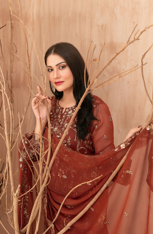 Afsanay by Tawakkal Fabrics Fancy Embroidered Chiffon Unstitched 3 Piece Suit - D-4906 - TF25AFSN - Rust - Formals Collection