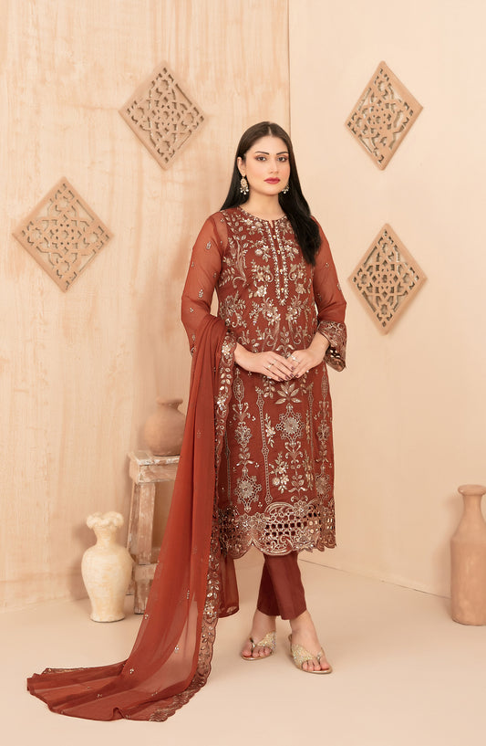 Afsanay by Tawakkal Fabrics Fancy Embroidered Chiffon Unstitched 3 Piece Suit - D-4906 - TF25AFSN - Rust - Formals Collection