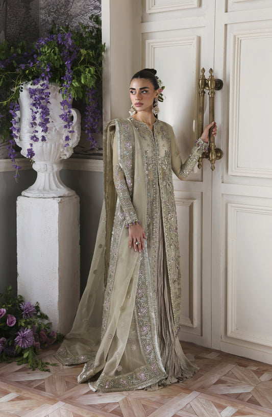 Akbar Aslam Deewani Luxury Embroidered Organza Unstitched 3 Piece Suit - U-1578 - Obsidian - AKA25DW - Green - Formal Collection