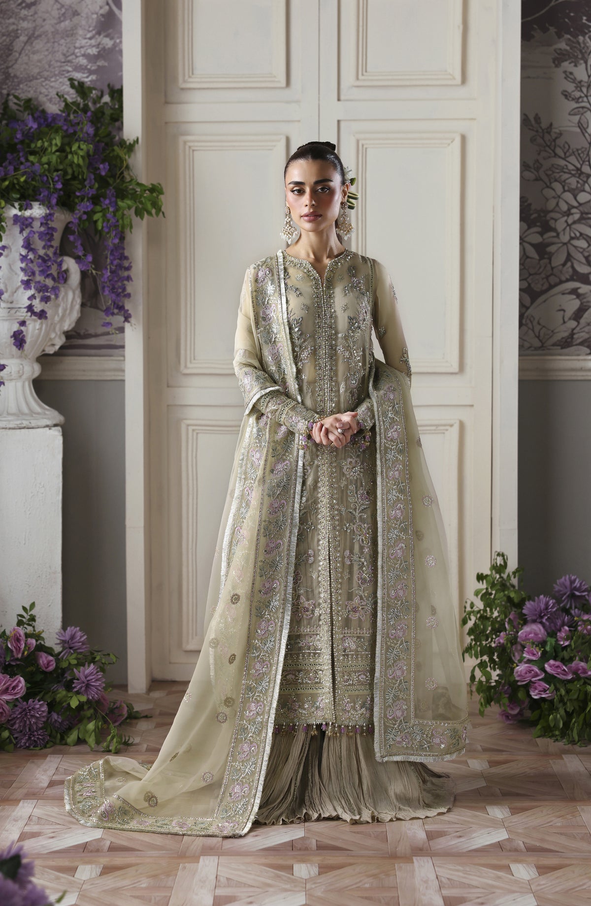 Akbar Aslam Deewani Luxury Embroidered Organza Unstitched 3 Piece Suit - U-1578 - Obsidian - AKA25DW - Green - Formal Collection