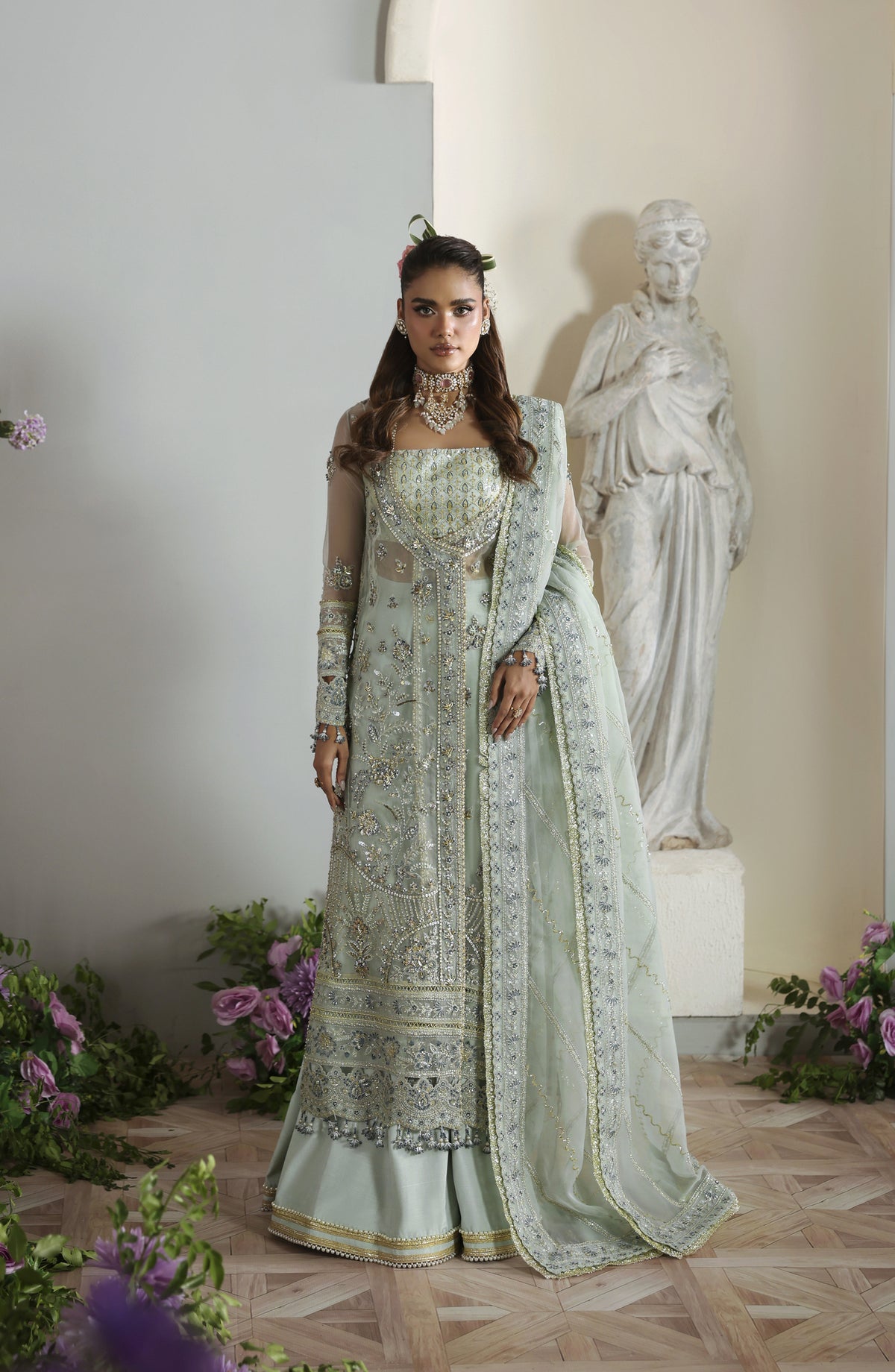 Akbar Aslam Deewani Luxury Embroidered Organza Unstitched 3 Piece Suit - U-1577 - Aetheria - AKA25DW - Blue - Formal Collection
