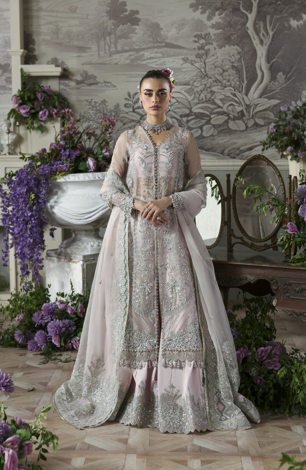 Akbar Aslam Deewani Luxury Embroidered Organza Unstitched 3 Piece Suit - U-1576 - Anvaha - AKA25DW - Purple - Formal Collection