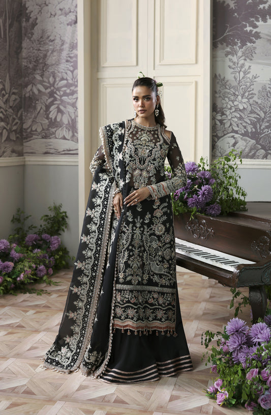 Akbar Aslam Deewani Luxury Embroidered Organza Unstitched 3 Piece Suit - U-1574 - Nocturne - AKA25DW - Black - Formal Collection