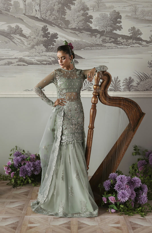 Akbar Aslam Deewani Luxury Embroidered Net Unstitched 3 Piece Suit - U-1572 - Silvenza - AKA25DW - Blue - Formal Collection
