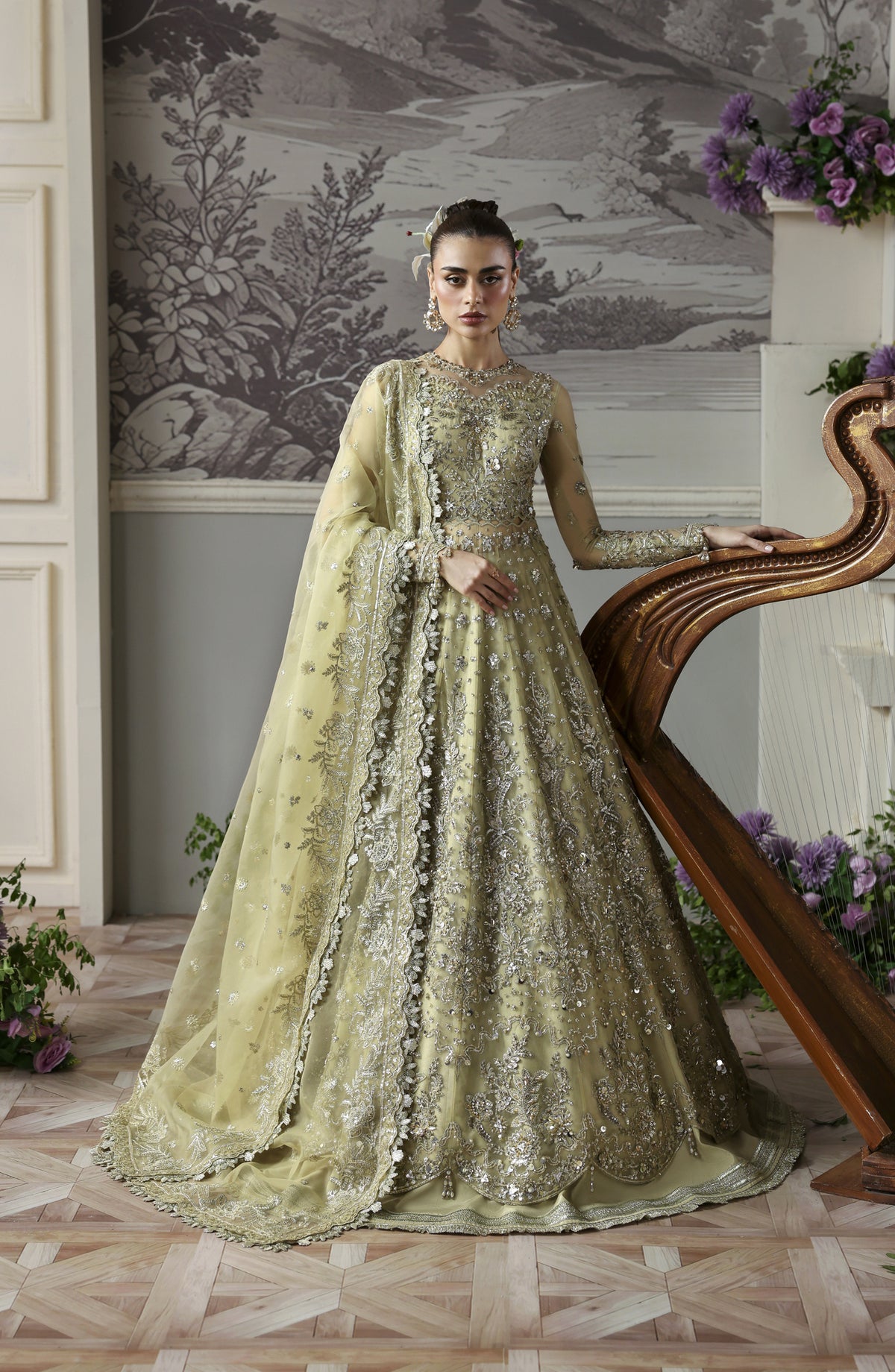 Akbar Aslam Deewani Luxury Embroidered Net Unstitched 3 Piece Suit - U-1569 - Mintara - AKA25DW - Pista Green - Formal Collection
