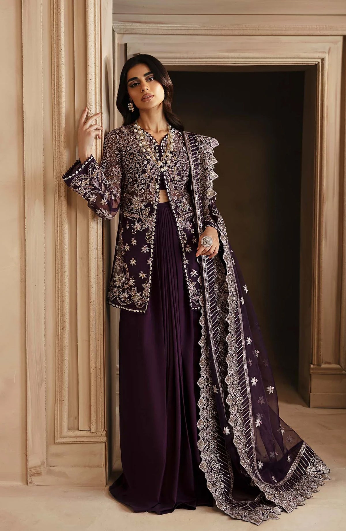 Deewani by Akbar Aslam Luxury Formals Embroidered Organza Unstitched 3 Piece Suit - Elowen - AKA25DWN2 - Purple - Festive Collection