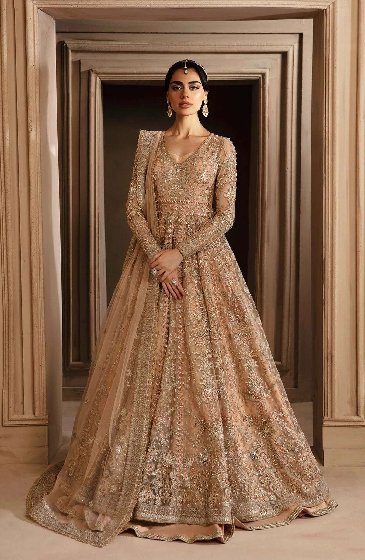 Deewani by Akbar Aslam Luxury Formals Embroidered Net Unstitched 3 Piece Suit - Aveline - AKA25DWN2 - Peach - Festive Collection