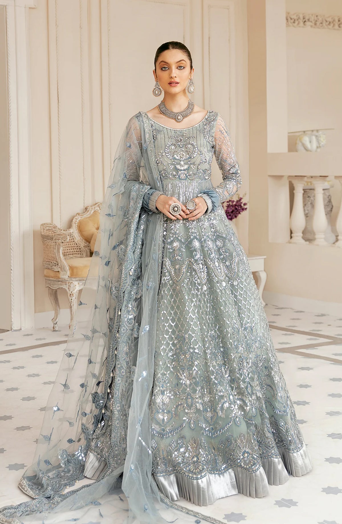 Akbar Aslam Luxury Embroidered Net Unstitched 3 Piece Suit - Bali - AKA25LXF - Blue - Festive Collection
