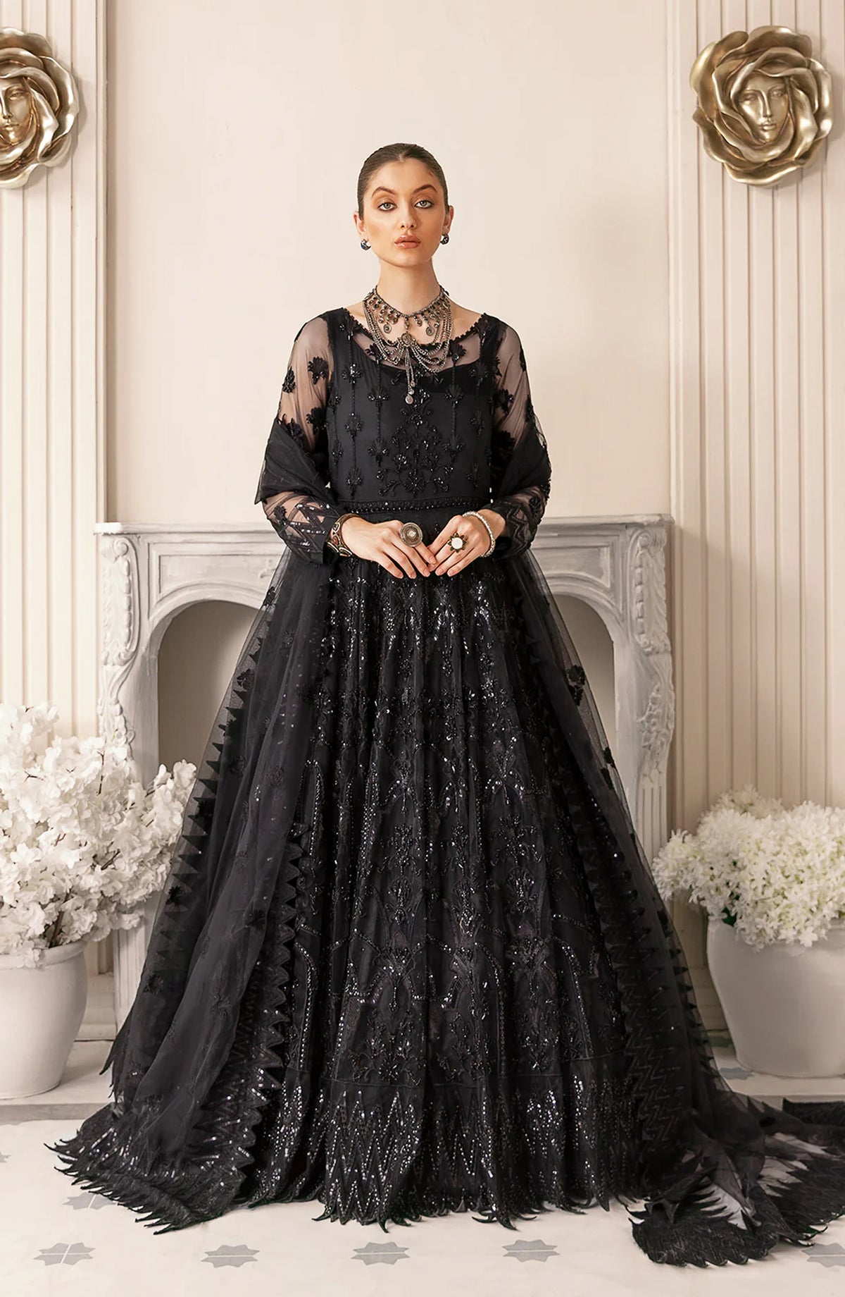 Akbar Aslam Luxury Embroidered Net Unstitched 3 Piece Suit - Vritra - AKA25LXF - Black - Festive Collection