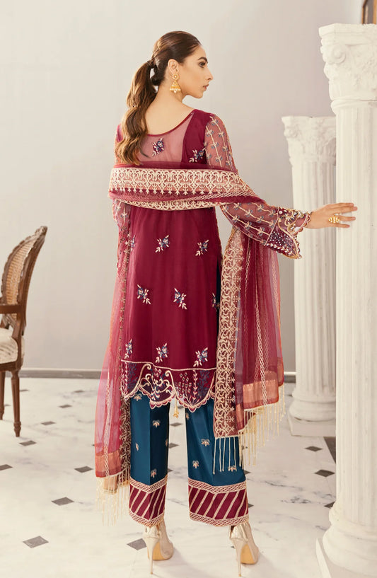 Akbar Aslam Luxury Embroidered Net Unstitched 3 Piece Suit - Agave - AKA25LXF - Red - Festive Collection