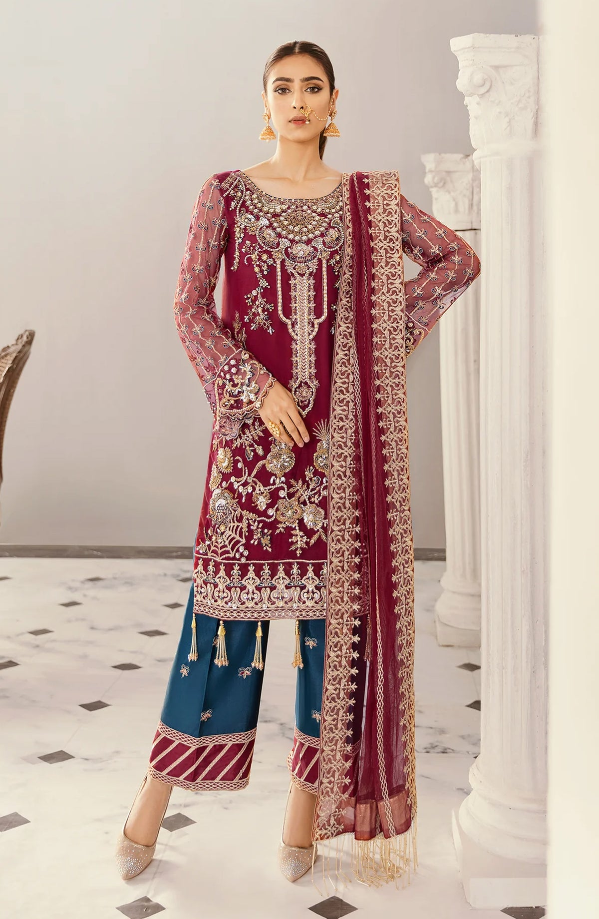 Akbar Aslam Luxury Embroidered Net Unstitched 3 Piece Suit - Agave - AKA25LXF - Red - Festive Collection