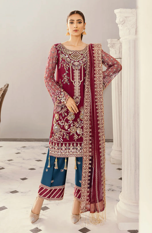 Akbar Aslam Luxury Embroidered Net Unstitched 3 Piece Suit - Agave - AKA25LXF - Red - Festive Collection
