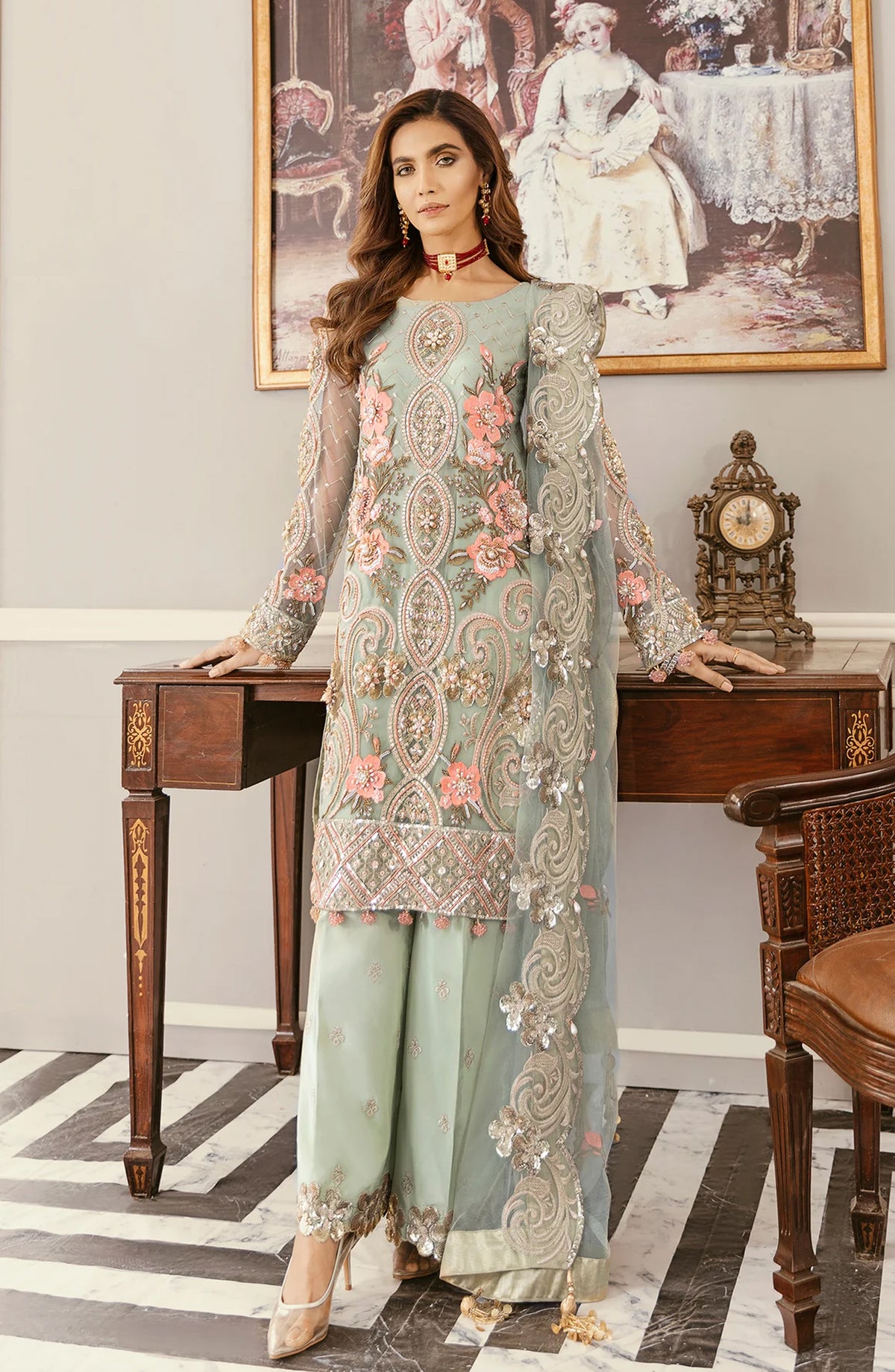 Akbar Aslam Luxury Embroidered Net Unstitched 3 Piece Suit - Angelica - AKA25LXF - Blue - Festive Collection