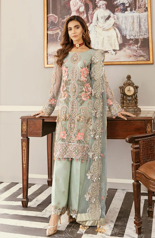 Akbar Aslam Luxury Embroidered Net Unstitched 3 Piece Suit - Angelica - AKA25LXF - Blue - Festive Collection