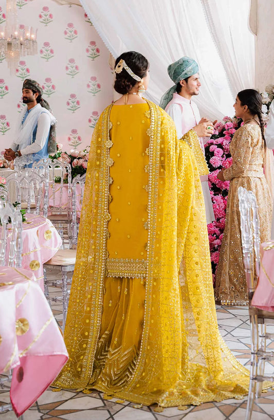 Akbar Aslam Shadmani Luxury Formal Embroidered Organza Unstitched 3 Piece Suit - Meena - AKA25SHD - Yellow - Festive Collection