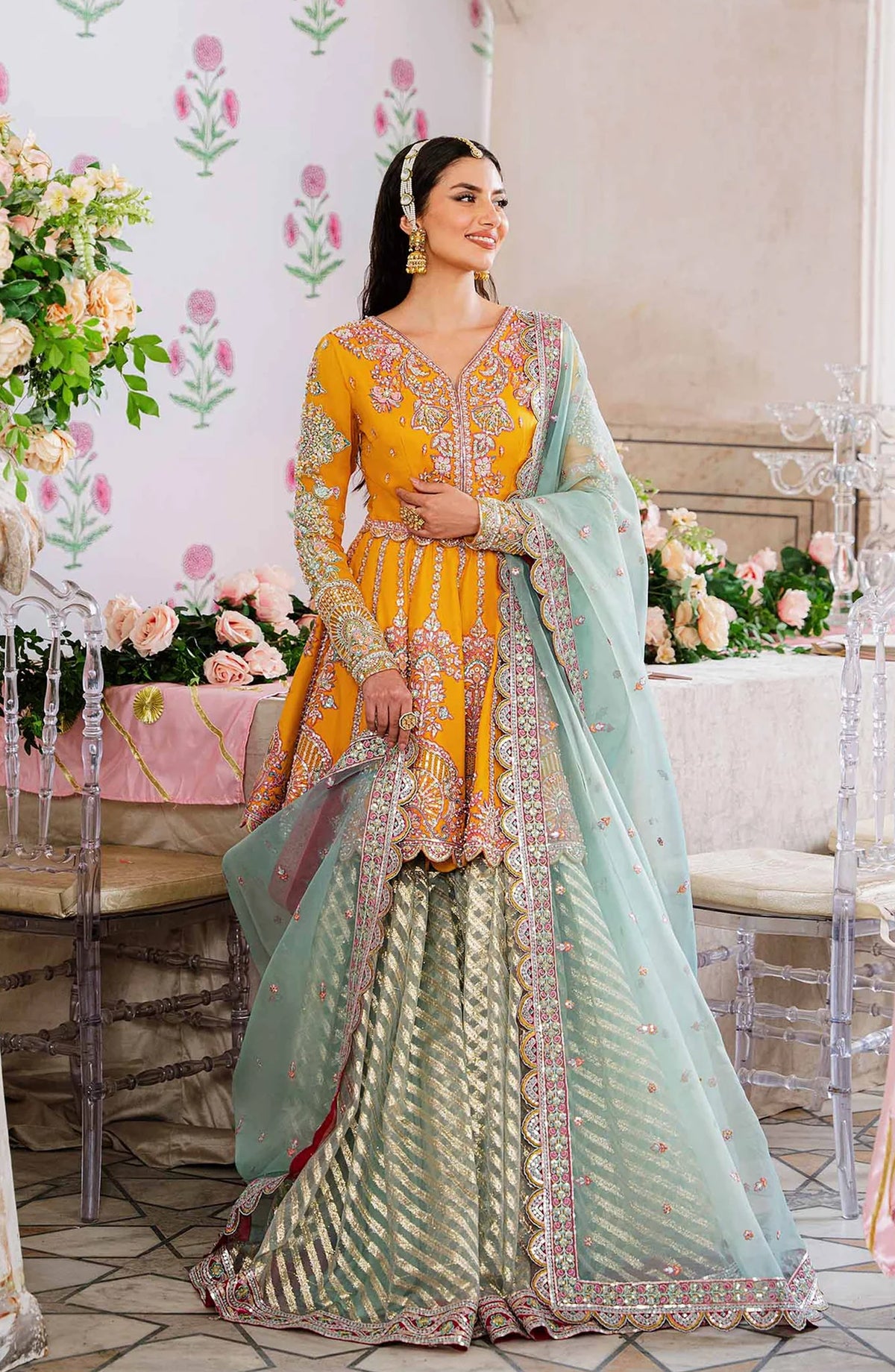 Akbar Aslam Shadmani Luxury Formal Embroidered Net Unstitched 3 Piece Suit - Dilaab - AKA25SHD - Yellow - Festive Collection
