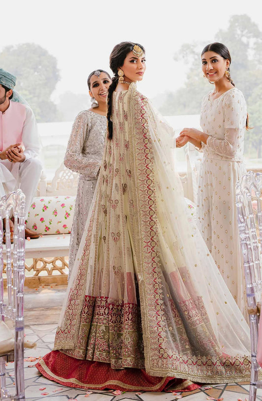 Akbar Aslam Shadmani Luxury Formal Embroidered Net Unstitched 3 Piece Suit - Kaneel - AKA25SHD - Fawn - Festive Collection