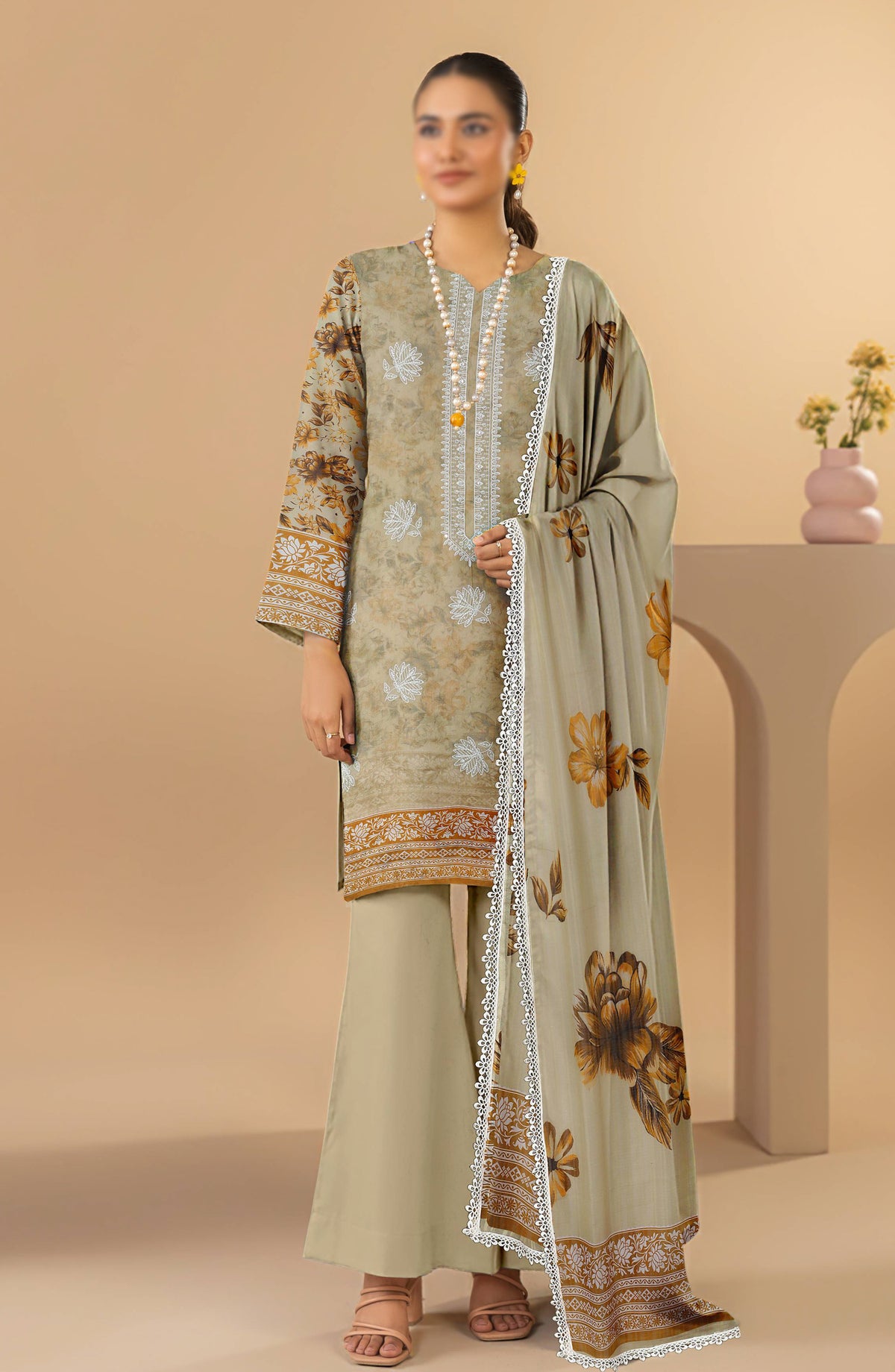 Aks by Al Karim Embroidered Lawn Unstitched 3 Piece Suit - D-09 - AK26AKS - Beige - Summer Collection