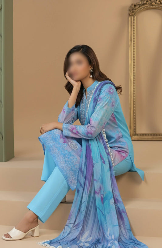Aks by Al Karim Embroidered Lawn Unstitched 3 Piece Suit - D-03 - AK26AKS - Blue - Summer Collection