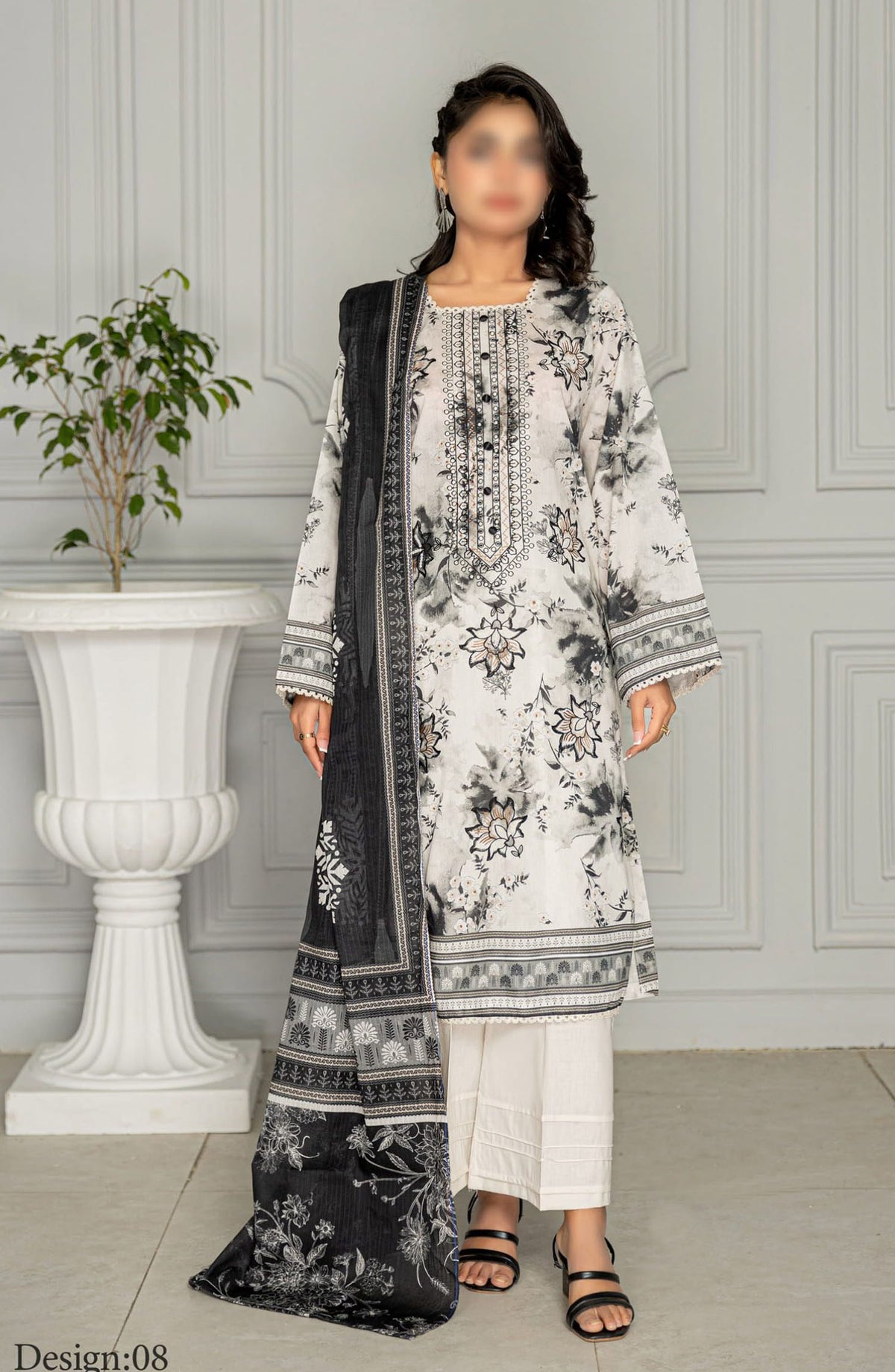Aks Embroidered Lawn Unstitched 3 Piece Suit - Design-08 - AK25AKS - White - Summer Collection